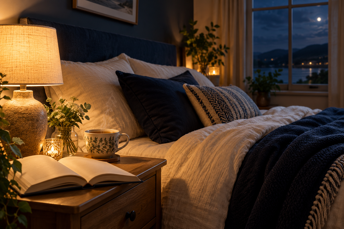 Cosy bedroom at night with a lamp, book and herbal tea