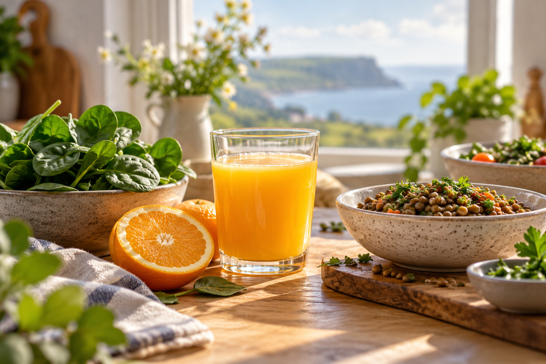 Orange juice beside spinach and lentils on a breakfast table