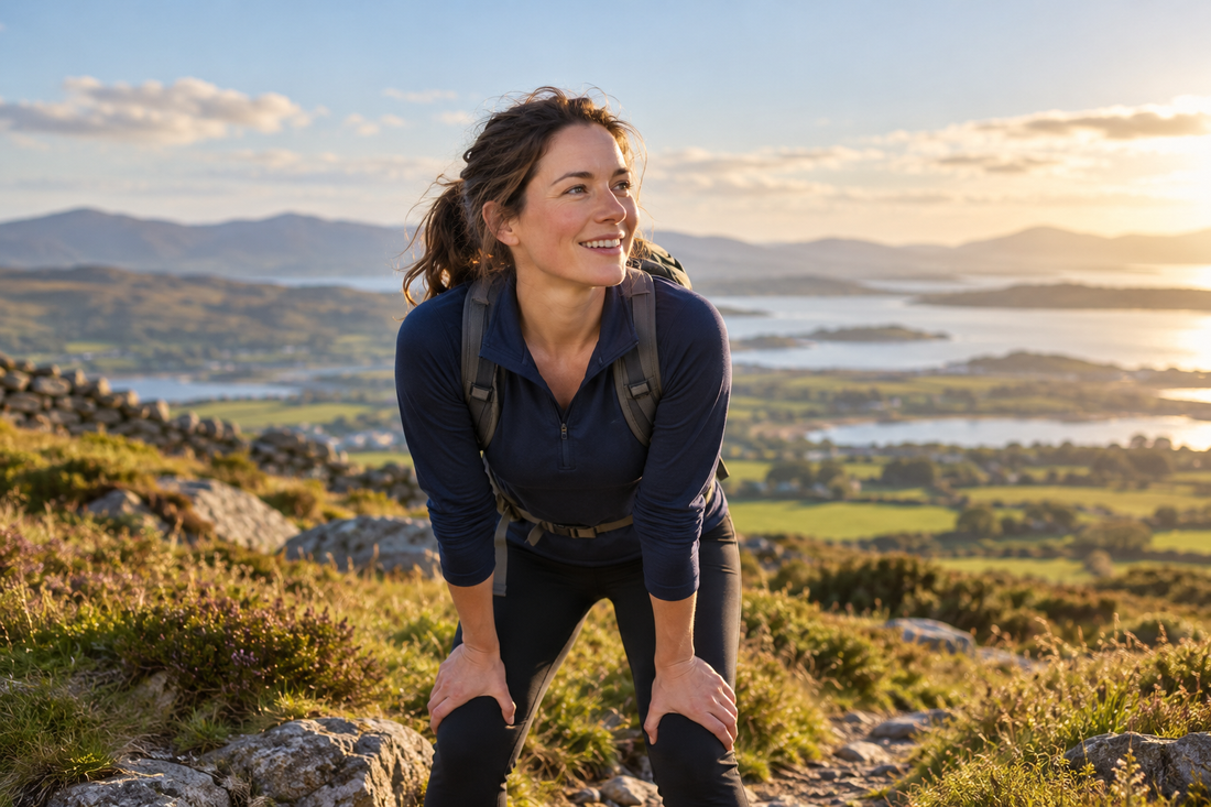 Woman pausing on a hill walk in the Irish countryside