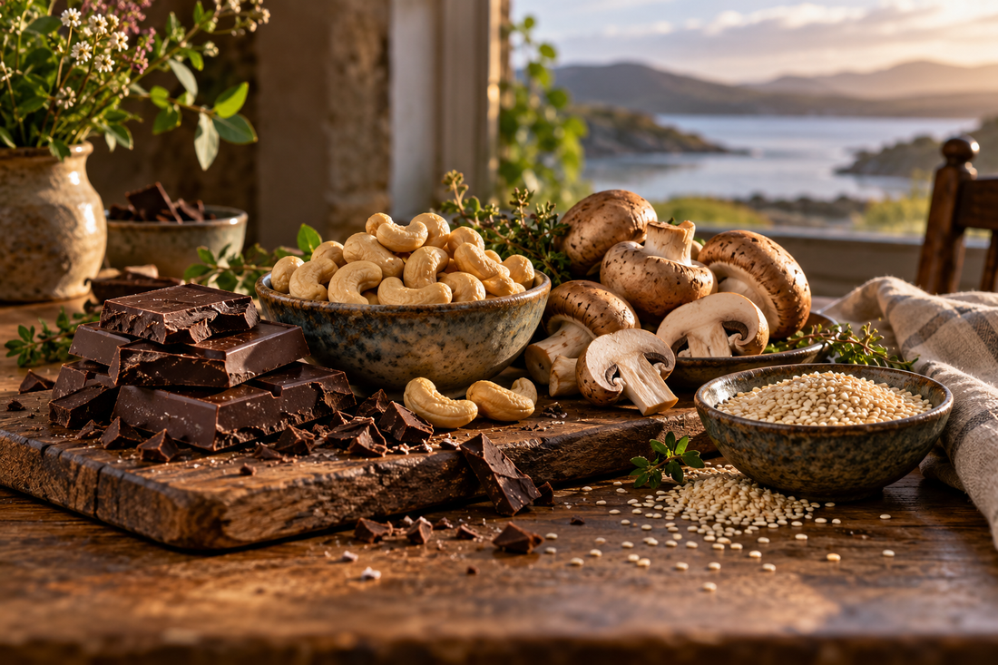 Dark chocolate, cashews, mushrooms and sesame seeds