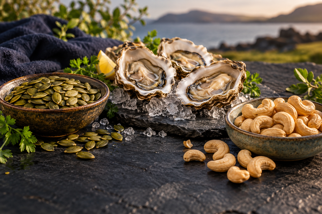 Pumpkin seeds, oysters and cashews on dark slate