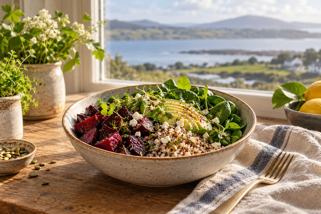Beetroot, spinach and quinoa bowl by a window