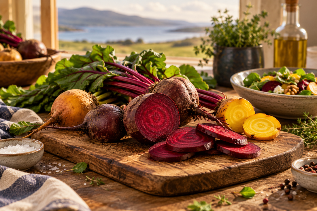 Sliced fresh beetroot on a wooden board