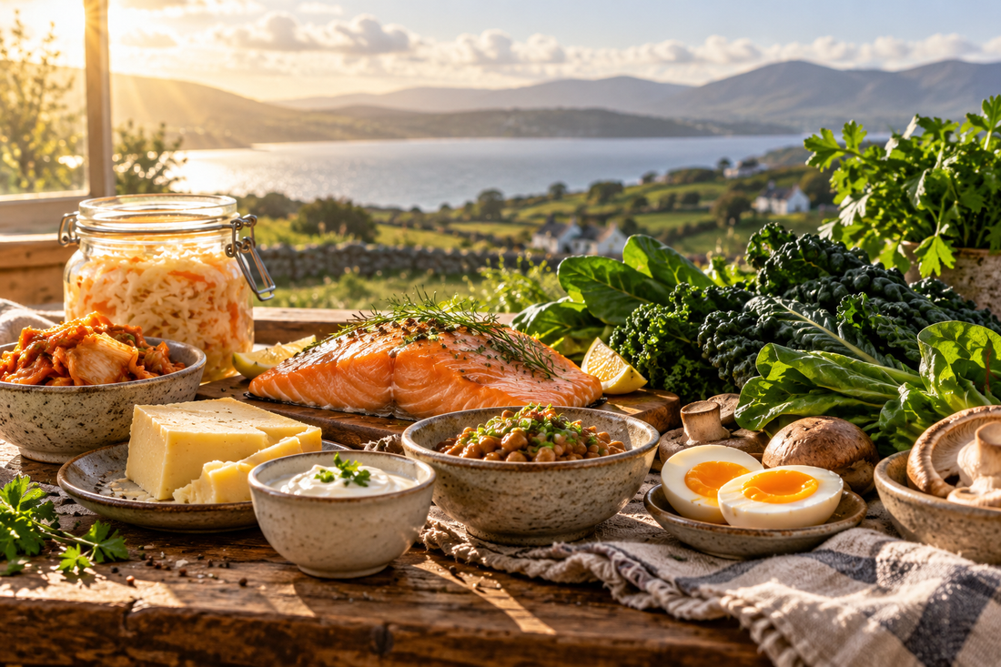 Sunlight over fermented foods and leafy greens on a rustic table