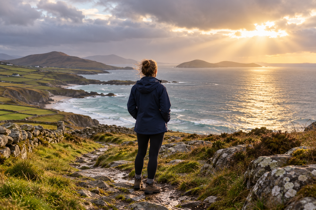 Walker in a rain jacket on an Irish coastal path as sun breaks through cloud