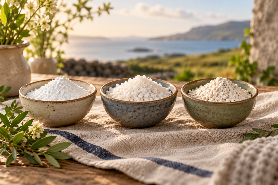 Three ceramic bowls of white mineral powder on linen