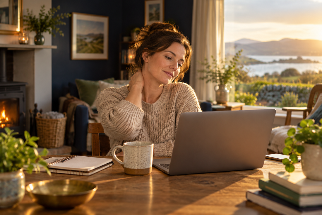 Tired woman at a desk rubbing her neck in late afternoon light
