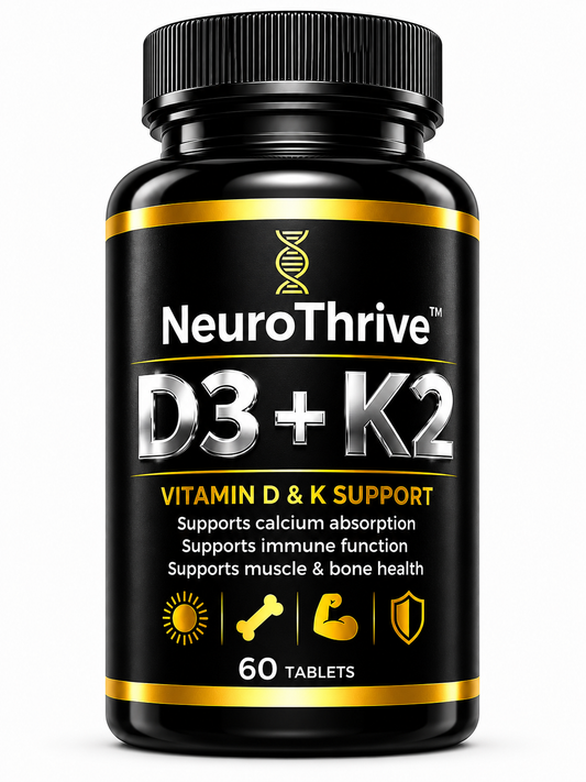 NeuroThrive™ Vitamin D3 + K2 supplement bottle — 60 tablets, D3 2000IU with K2 MK-7 Ireland
