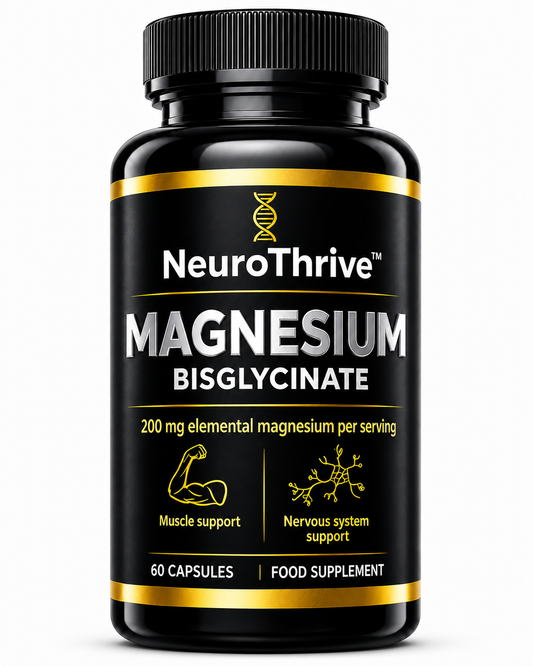 NeuroThrive™ Magnesium Bisglycinate supplement bottle — 200mg elemental magnesium per serving Ireland