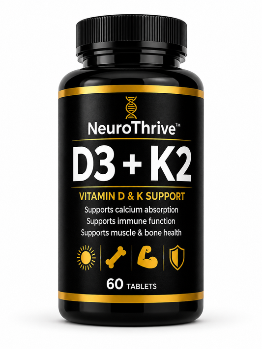 NeuroThrive D3 + K2 supplement bottle — vitamin D3 and K2 tablets Ireland