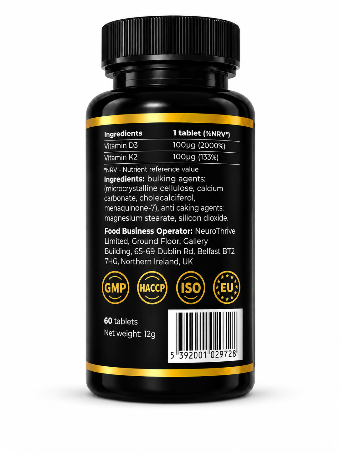 NeuroThrive™ D3 + K2 — vegan, GMP certified, non-GMO, gluten free, made in EU