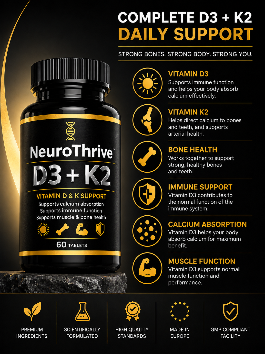 NeuroThrive™ D3 + K2 supplement facts — 60 tablets per container, D3 2000IU, K2 MK-7 75mcg