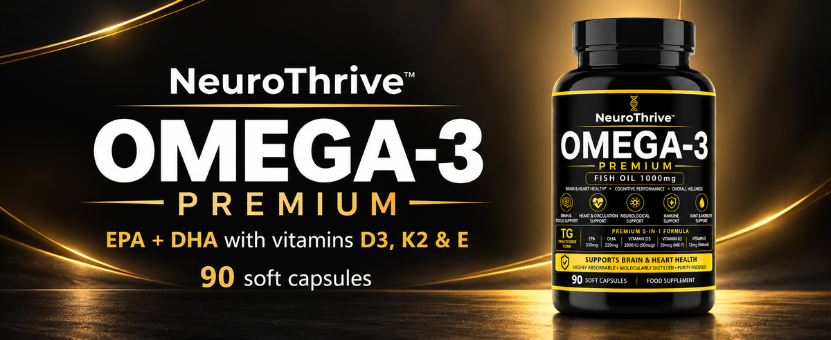 NeuroThrive™ Premium Omega-3 · 5-in-1 with D3, K2 & Vitamin E