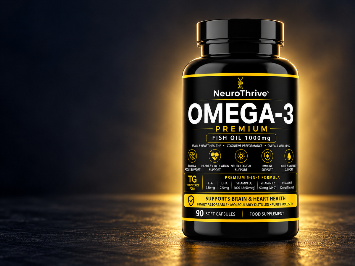 NeuroThrive™ Premium Omega-3 · 5-in-1 with D3, K2 & Vitamin E
