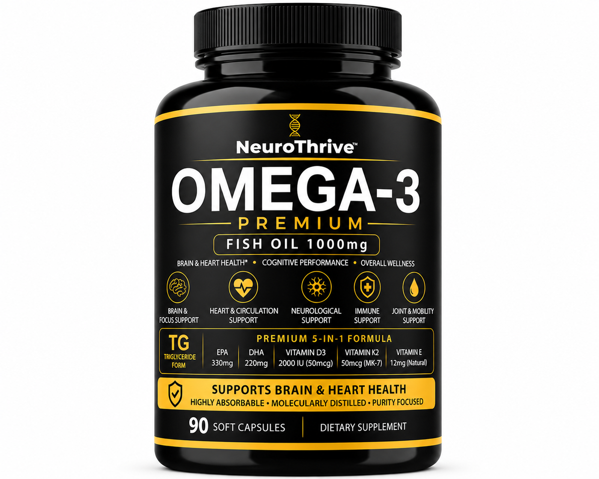 NeuroThrive™ Premium Omega-3 · 5-in-1 with D3, K2 & Vitamin E