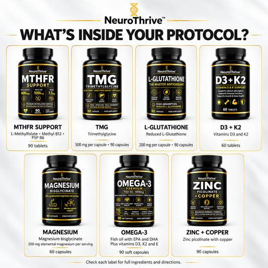 What's inside The Complete Protocol — MTHFR Support, TMG, L-Glutathione, D3 plus K2, Magnesium Bisglycinate, Omega-3 and Zinc plus Copper