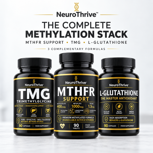 NeuroThrive Complete Methylation Stack — MTHFR Support, TMG and L-Glutathione supplement bottles