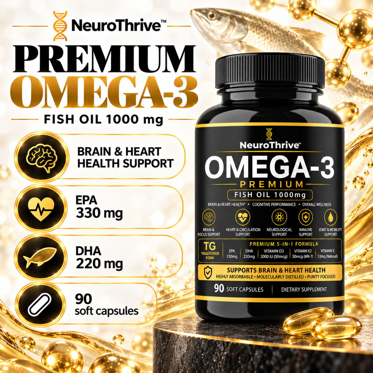 NeuroThrive™ Premium Omega-3 · 5-in-1 with D3, K2 & Vitamin E
