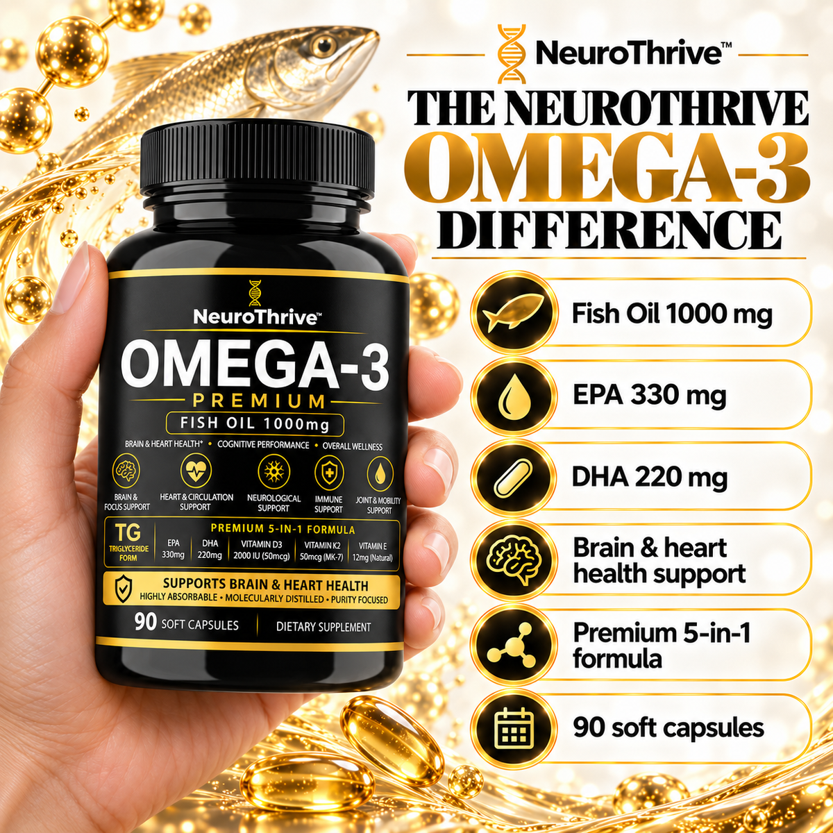 NeuroThrive™ Premium Omega-3 · 5-in-1 with D3, K2 & Vitamin E