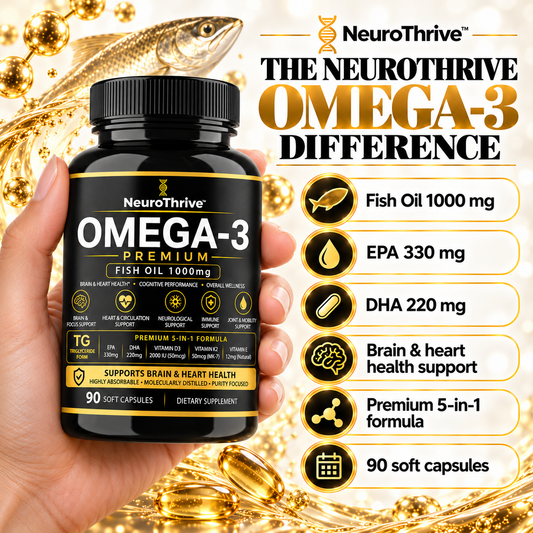 NeuroThrive™ Premium Omega-3 · 5-in-1 with D3, K2 & Vitamin E