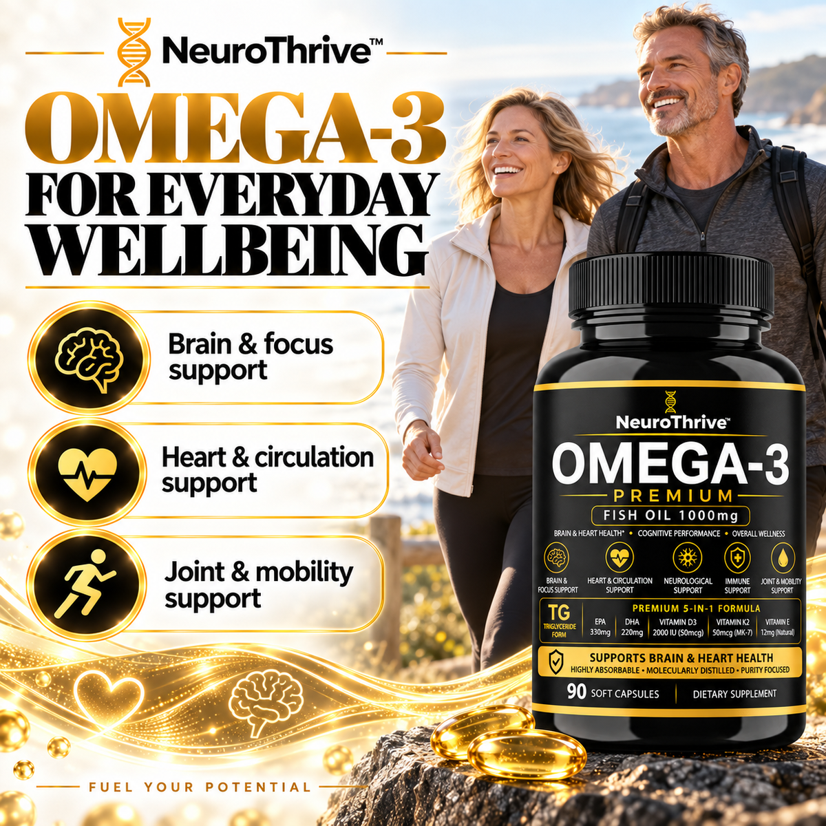 NeuroThrive™ Premium Omega-3 · 5-in-1 with D3, K2 & Vitamin E