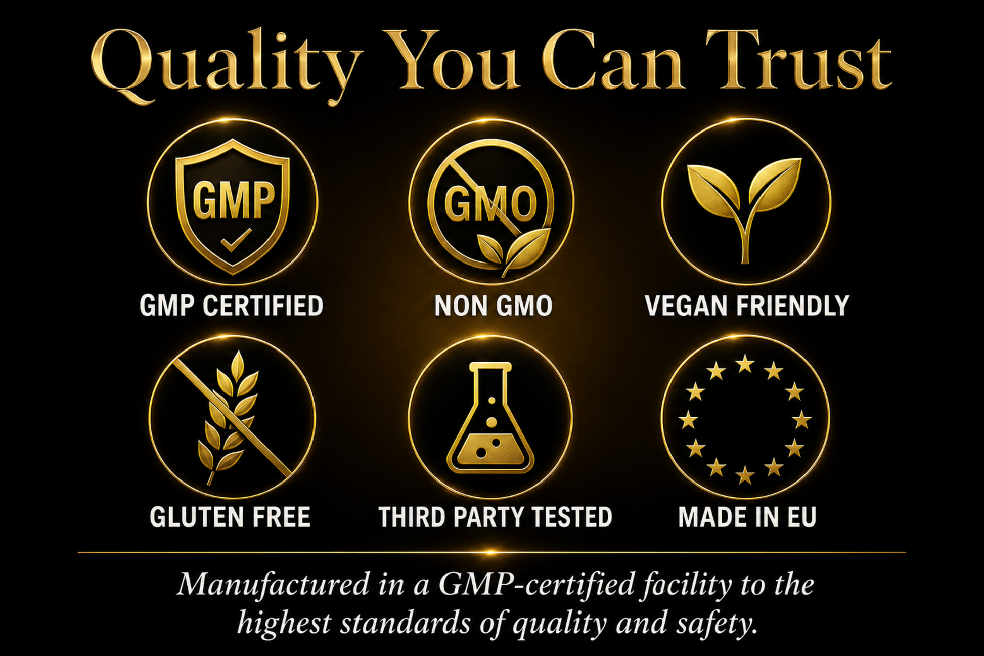 NeuroThrive™ quality badges — GMP certified, Non-GMO, Vegan, Gluten Free, Third Party Tested, Made in EU